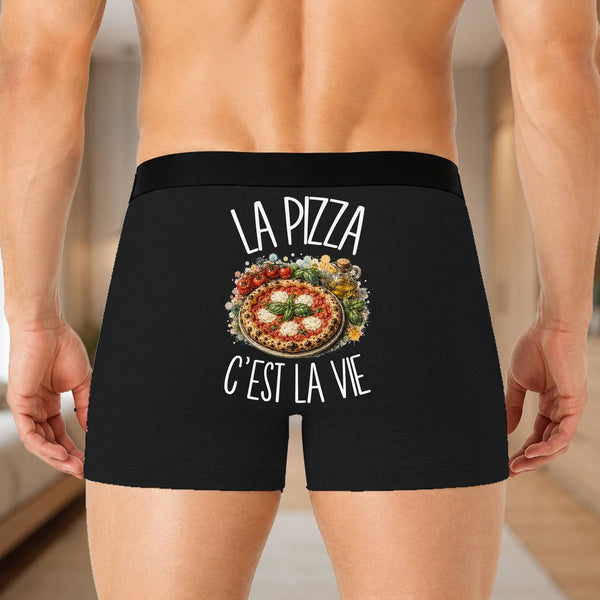 Boxer Homme La pizza c'est la vie – Impression au dos – Noir