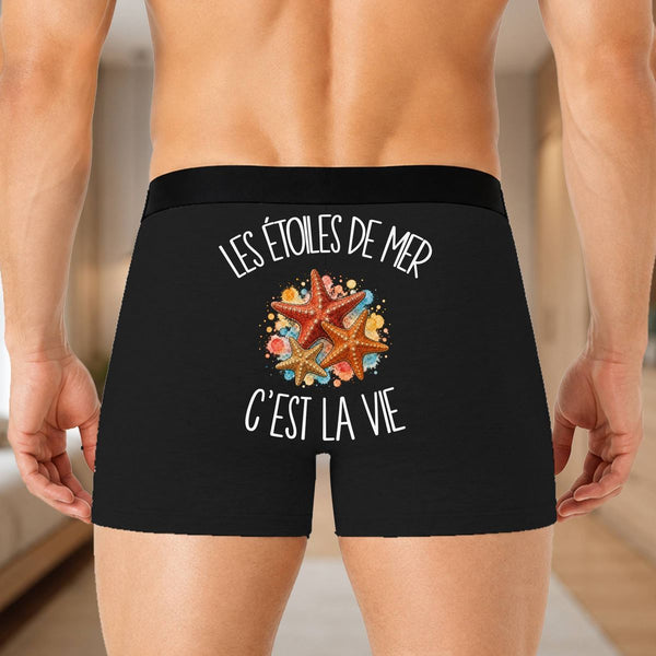 Boxer Homme Les étoiles de mer c'est la vie – Impression au dos – Noir