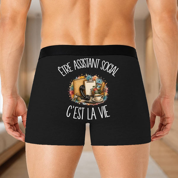 Boxer Homme Être assistant social c'est la vie – Impression au dos – Noir