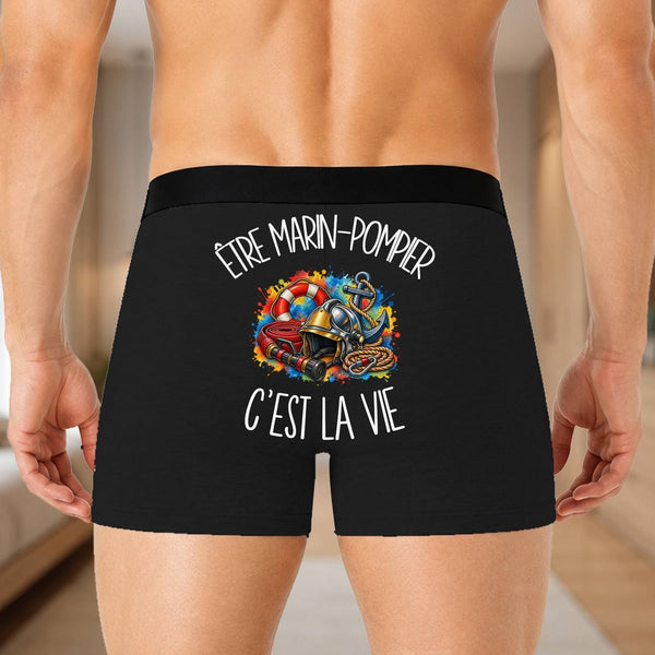 Boxer Homme Être marin-pompier c'est la vie – Impression au dos – Noir