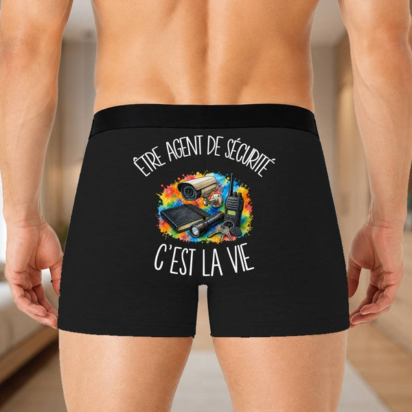 Boxer Homme Être agent de sécurité c'est la vie – Impression au dos – Noir