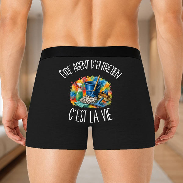 Boxer Homme Être agent d'entretien c'est la vie – Impression au dos – Noir