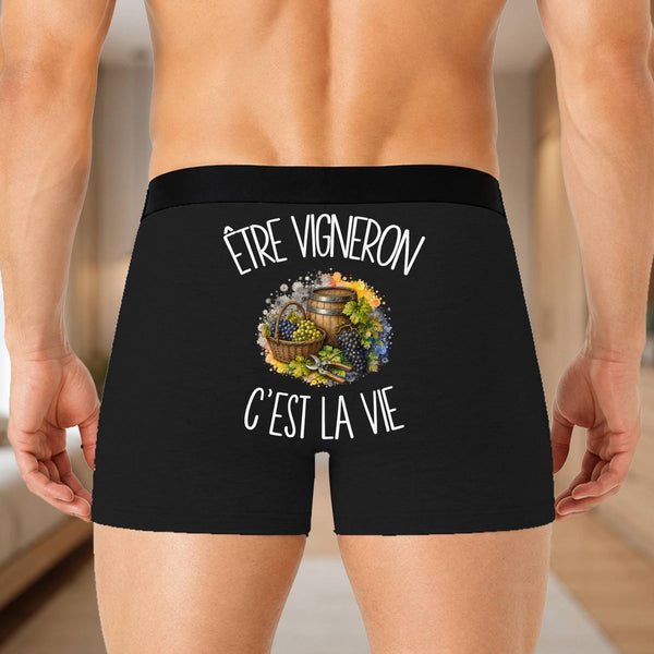 Boxer Homme Être vigneron c'est la vie – Impression au dos – Noir