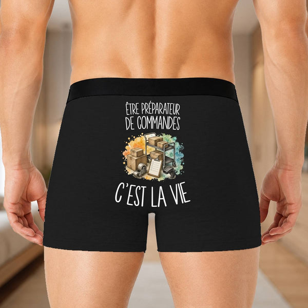 Boxer Homme Être préparateur de commandes c'est la vie – Impression au dos – Noir
