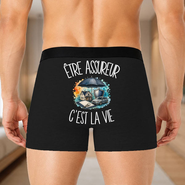 Boxer Homme Être assureur c'est la vie – Impression au dos – Noir