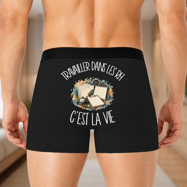 Boxer Homme Travailler dans les RH c'est la vie – Impression au dos – Noir