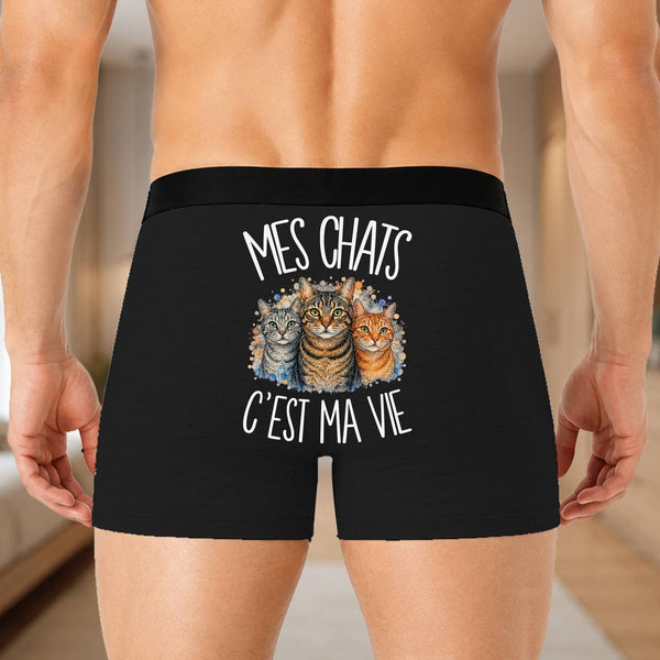 Boxer Homme Mes chats c'est ma vie – Impression au dos – Noir