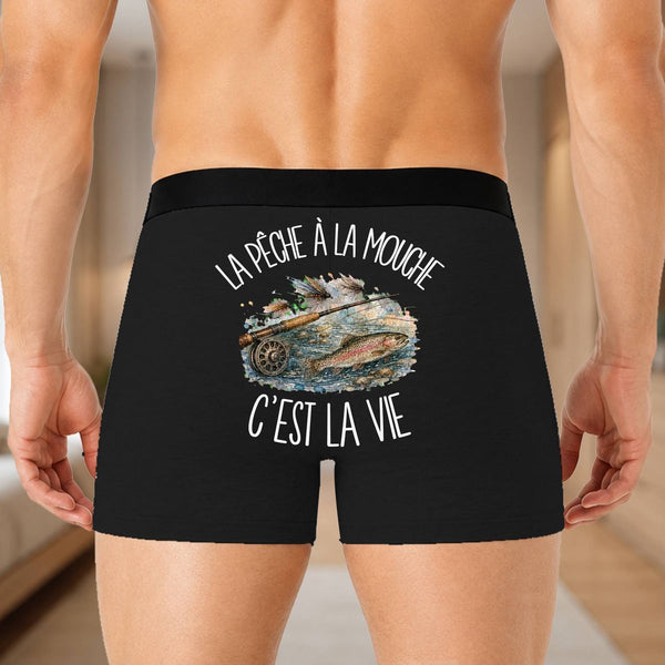 Boxer Homme La pêche à la mouche c'est la vie – Impression au dos – Noir