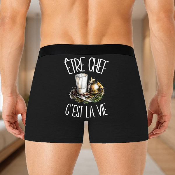 Boxer Homme Être chef c'est la vie – Impression au dos – Noir