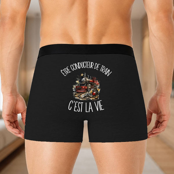 Boxer Homme Être conducteur de train c'est la vie – Impression au dos – Noir