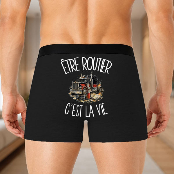 Boxer Homme Être routier c'est la vie – Impression au dos – Noir