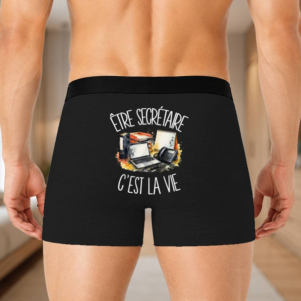 Boxer Homme Être secrétaire c'est la vie – Impression au dos – Noir