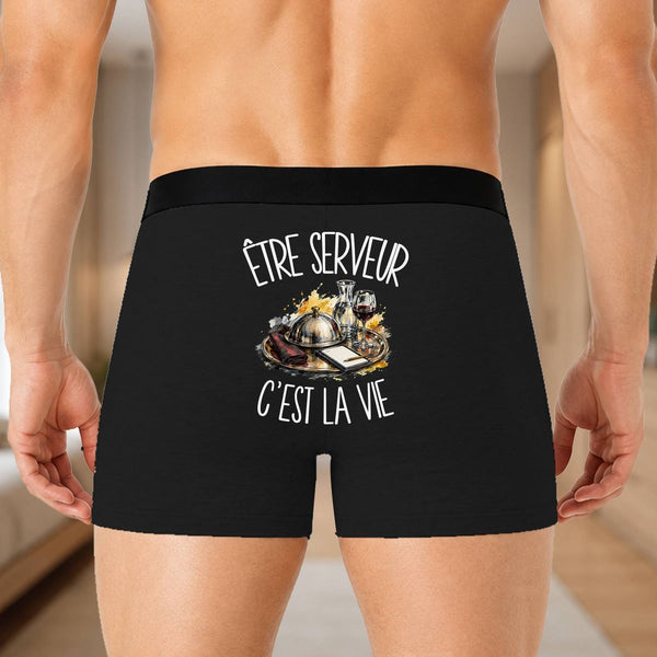 Boxer Homme Être serveur c'est la vie – Impression au dos – Noir