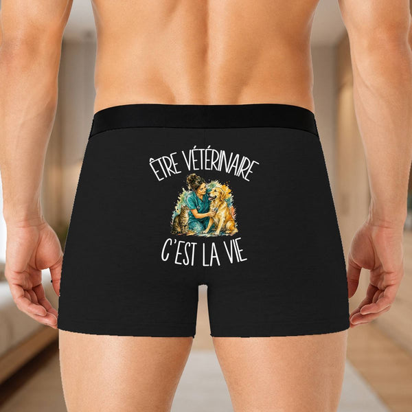 Boxer Homme Être vétérinaire c'est la vie – Impression au dos – Noir