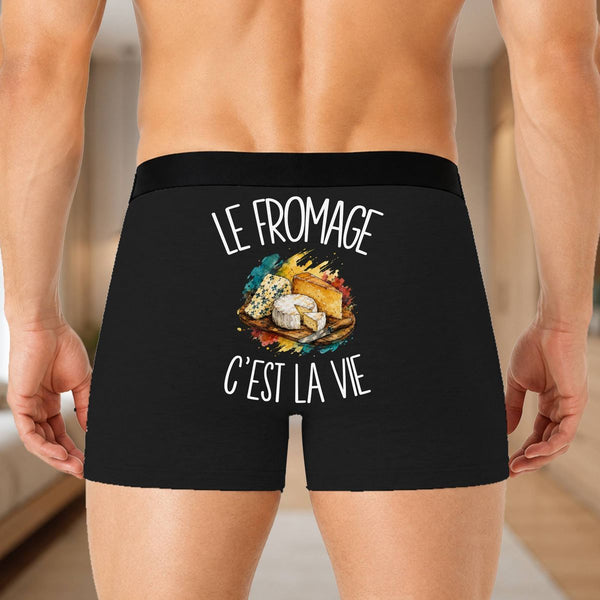 Boxer Homme Le fromage c'est la vie – Impression au dos – Noir
