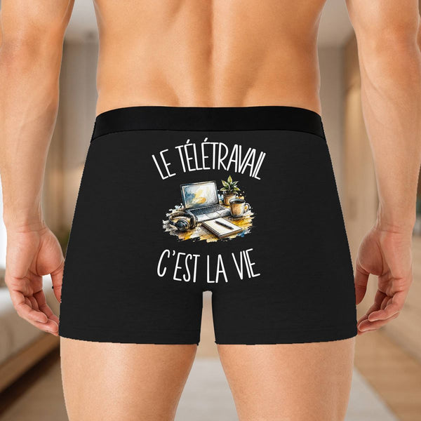 Boxer Homme Le télétravail c'est la vie – Impression au dos – Noir