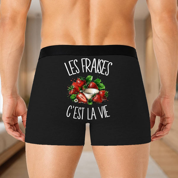 Boxer Homme Les fraises c'est la vie – Impression au dos – Noir
