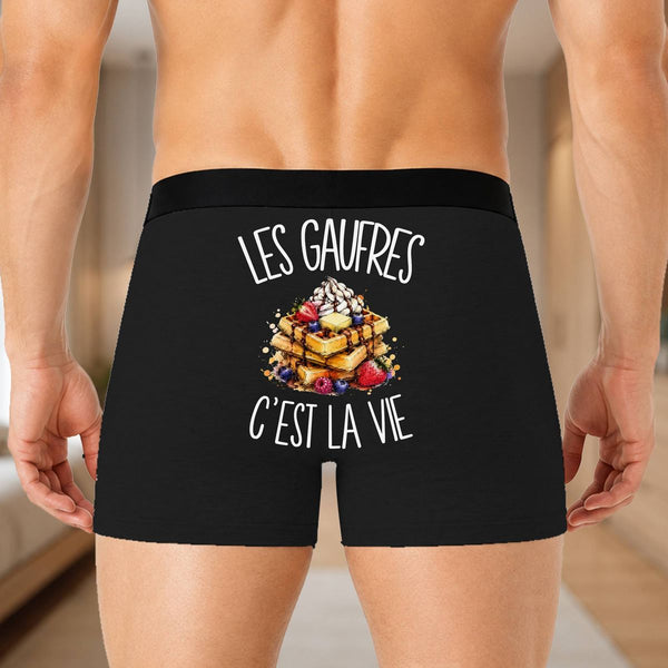 Boxer Homme Les gaufres c'est la vie – Impression au dos – Noir