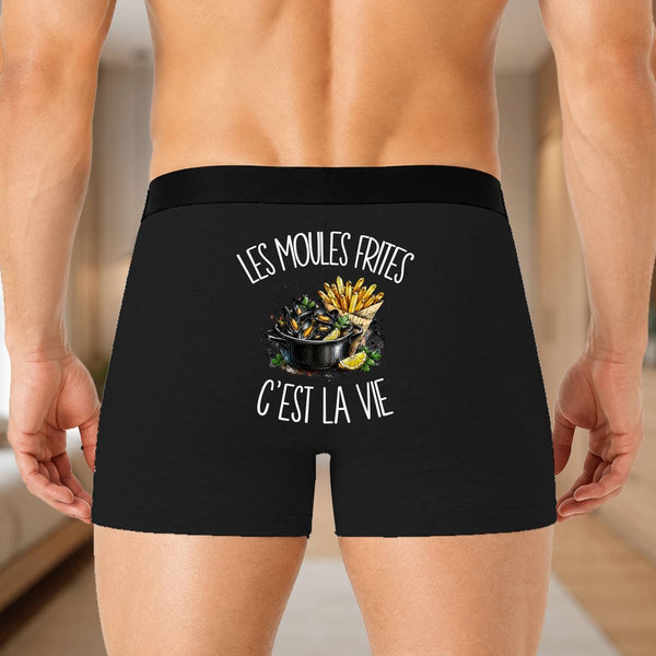 Boxer Homme Les moules frites c'est la vie – Impression au dos – Noir