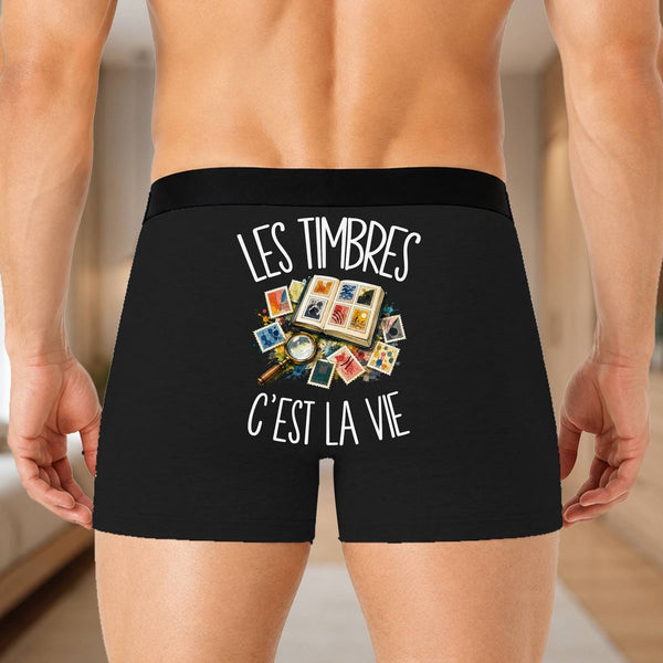 Boxer Homme Les timbres c'est la vie – Impression au dos – Noir