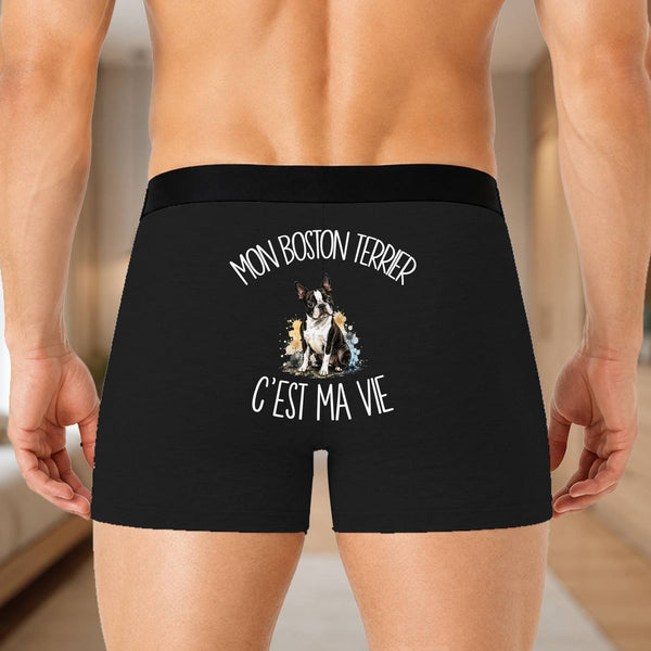 Boxer Homme Mon Boston Terrier c'est ma vie – Impression au dos – Noir