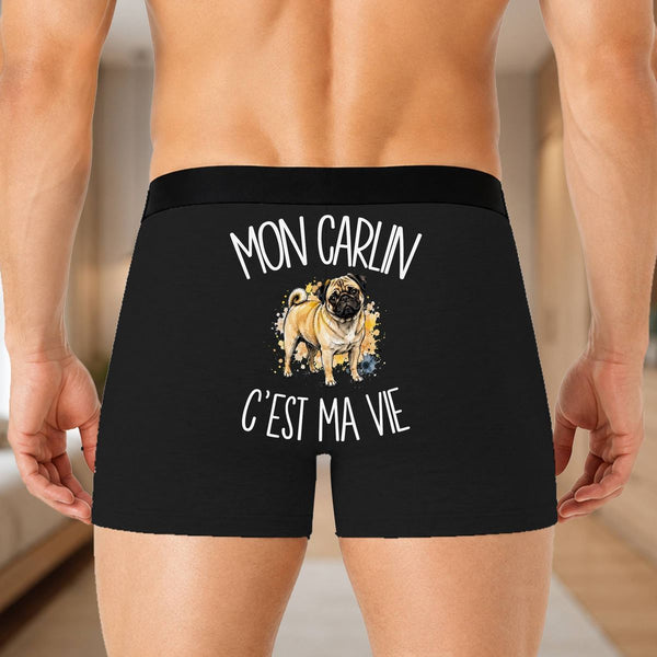 Boxer Homme Mon Carlin c'est ma vie – Impression au dos – Noir