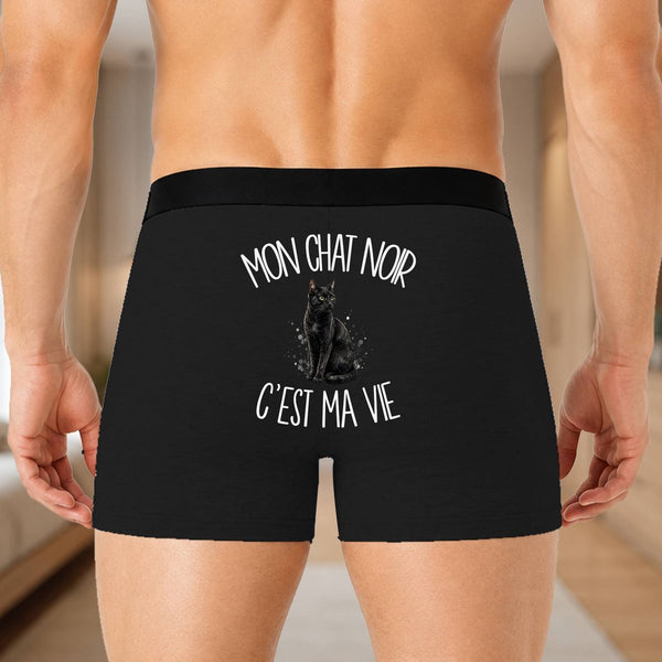 Boxer Homme Mon chat noir c'est ma vie – Impression au dos – Noir
