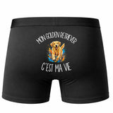 Boxer Homme Mon Golden Retriever c'est ma vie – Impression au dos – Noir