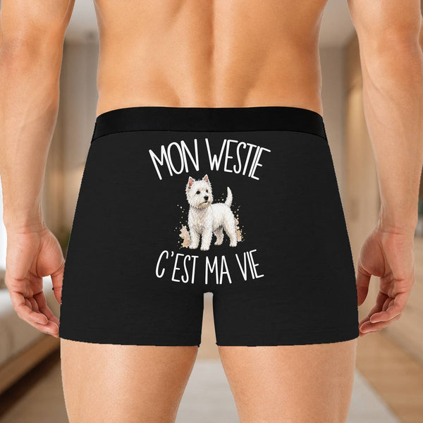 Boxer Homme Mon Westie c'est ma vie – Impression au dos – Noir