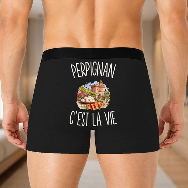 Boxer Homme Perpignan c’est la vie – Impression au dos – Noir