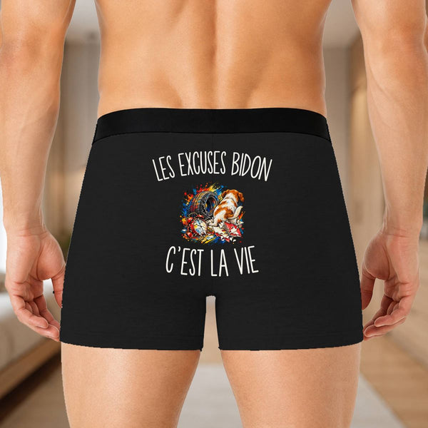 Boxer Homme Les Excuses Bidon c’est la vie – Impression au dos – Noir