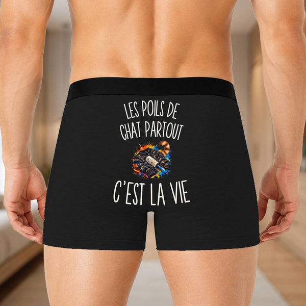 Boxer Homme Les Poils de Chat Partout c’est la vie – Impression au dos – Noir