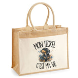 Sac Cabas Jute avec Poche Mon Teckel c'est ma vie