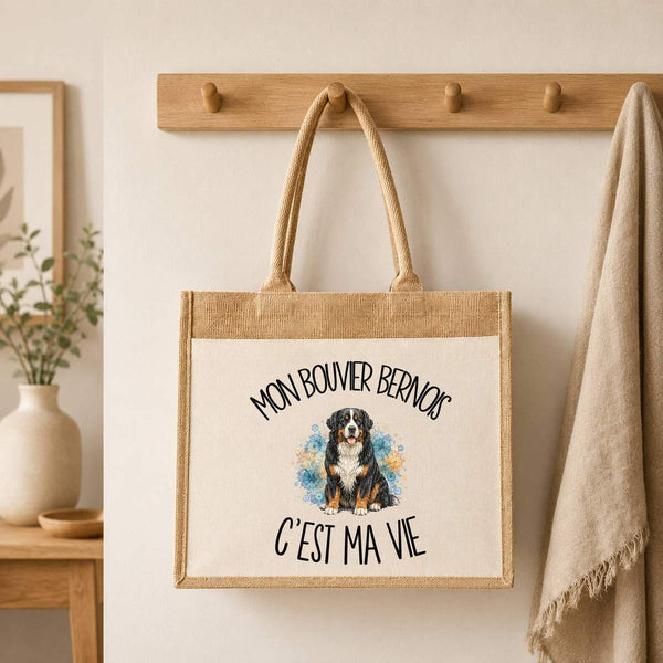 Sac Cabas Jute avec Poche Mon Bouvier Bernois c'est ma vie