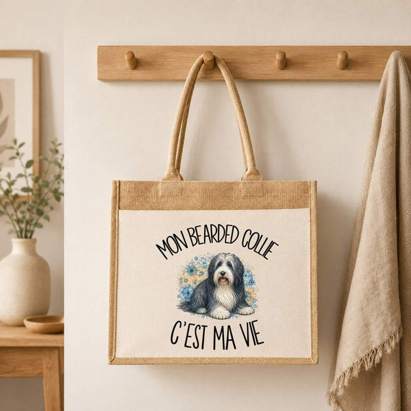 Sac Cabas Jute avec Poche Mon Bearded Collie c'est ma vie