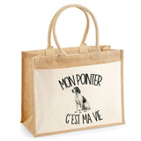Sac Cabas Jute avec Poche Mon Pointer c'est ma vie