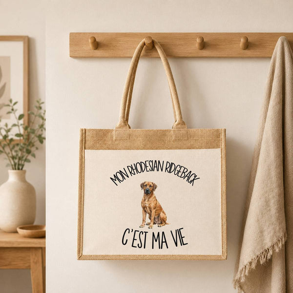 Sac Cabas Jute avec Poche Mon Rhodesian Ridgeback c'est ma vie