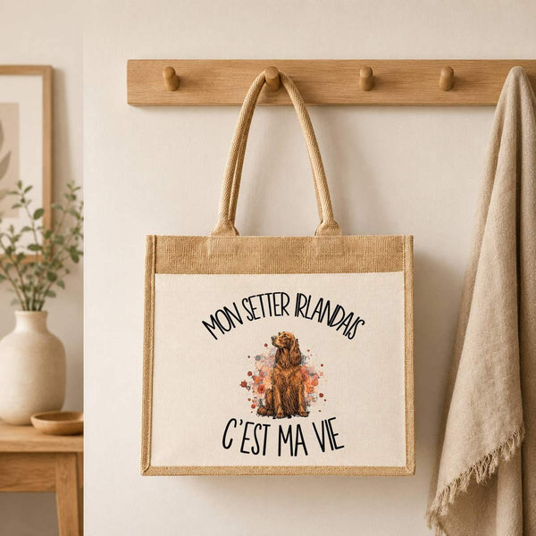 Sac Cabas Jute avec Poche Mon Setter Irlandais c'est ma vie
