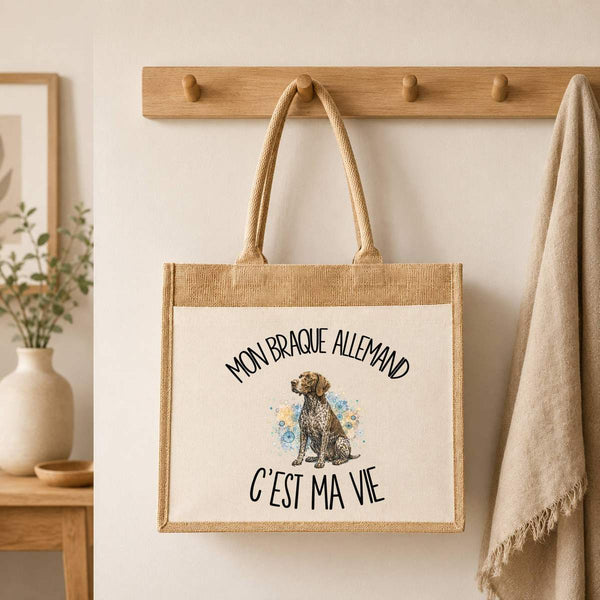 Sac Cabas Jute avec Poche Mon Braque Allemand c'est ma vie