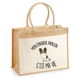 Sac Cabas Jute avec Poche Mon Épagneul Papillon c'est ma vie