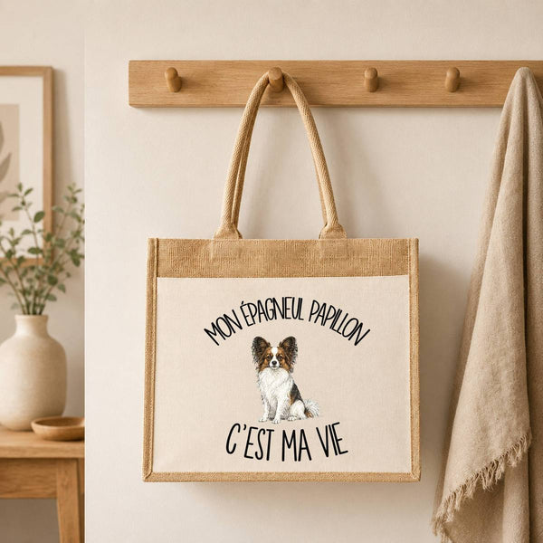 Sac Cabas Jute avec Poche Mon Épagneul Papillon c'est ma vie