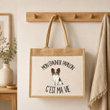 Sac Cabas Jute avec Poche Mon Épagneul Papillon c'est ma vie