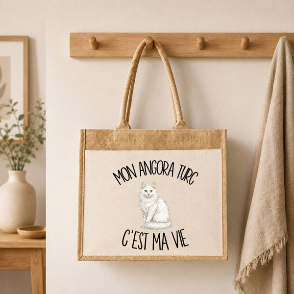Sac Cabas Jute avec Poche Mon Angora Turc c'est ma vie
