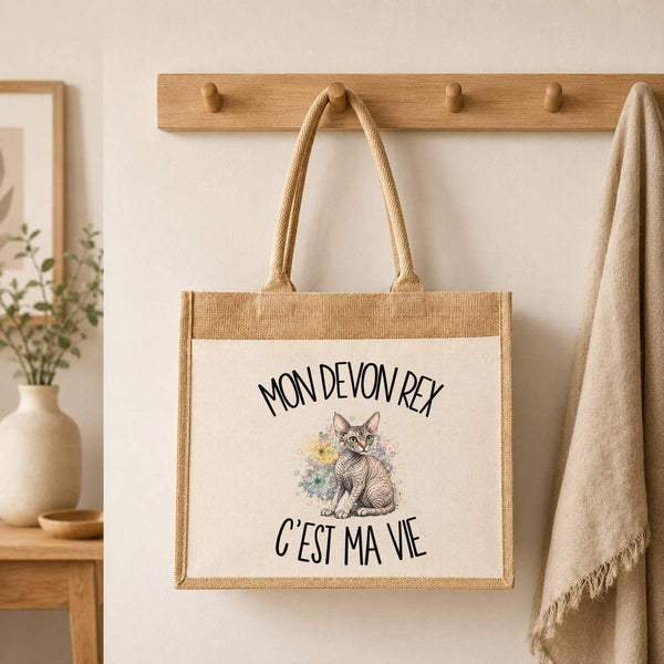 Sac Cabas Jute avec Poche Mon Devon Rex c'est ma vie