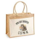 Sac Cabas Jute avec Poche Mon Chat Européen c'est ma vie