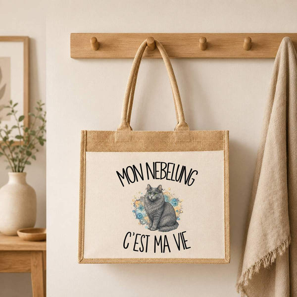 Sac Cabas Jute avec Poche Mon Nebelung c'est ma vie
