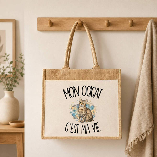 Sac Cabas Jute avec Poche Mon Ocicat c'est ma vie