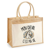 Sac Cabas Jute avec Poche Mon cheval c'est ma vie