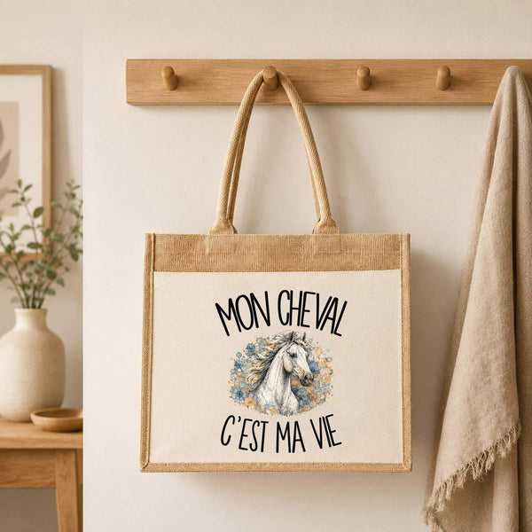 Sac Cabas Jute avec Poche Mon cheval c'est ma vie
