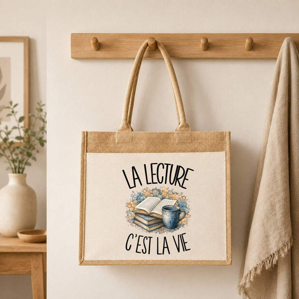 Sac Cabas Jute avec Poche La lecture c'est la vie